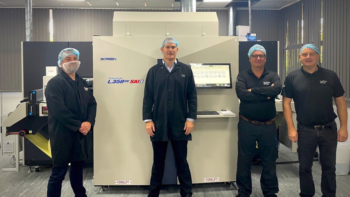 Simon Bates, Andy Tucker and Stuart Fuoco from ProPrint; and Stuart Morrison from SCREEN Europe with the new Truepress Jet L350 SAI S